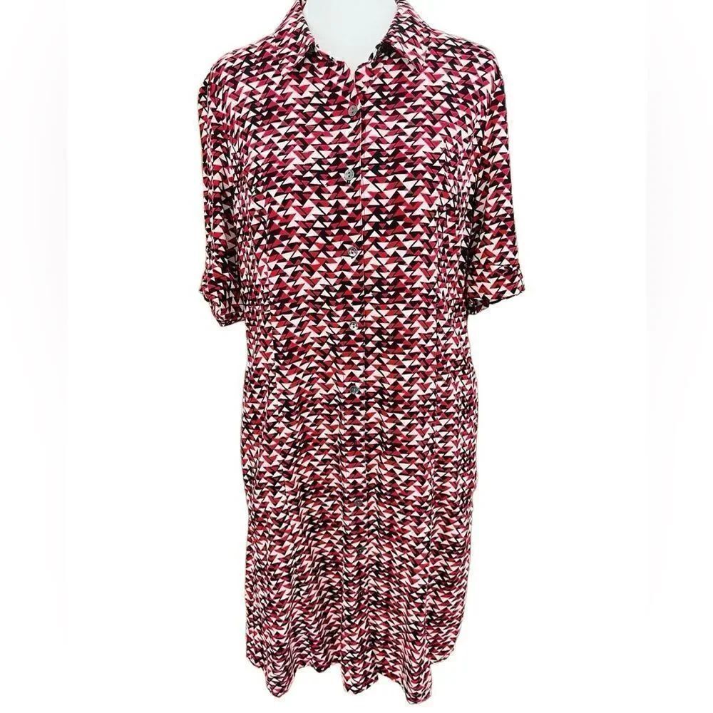 J Jill black, cream, red geometric pattern tab sleeve button front dress sz 4.